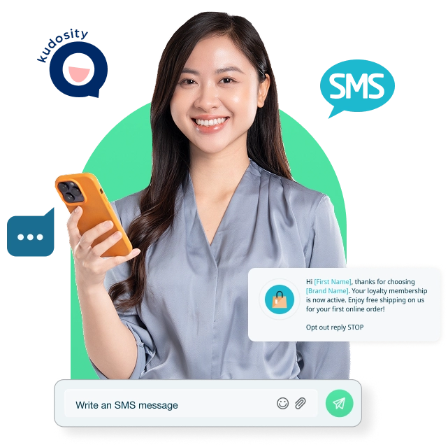 Woman holding a phone with business SMS interface examples